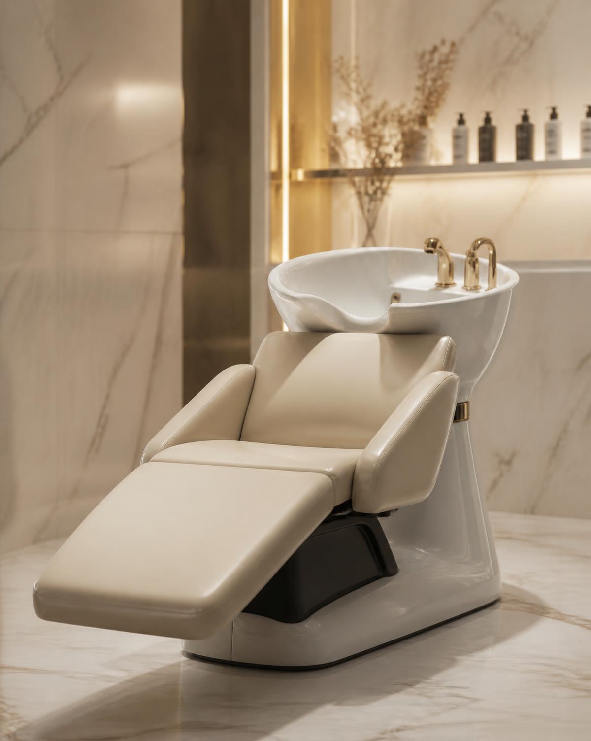 Reclined ceramic hair wash lounge in a marble salon