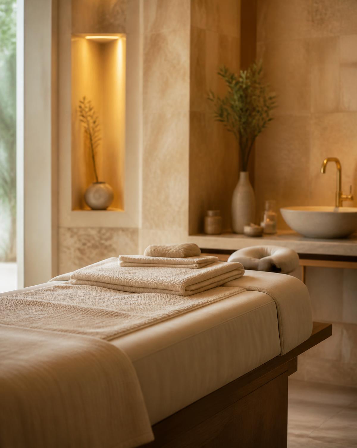 Heated spa massage table dressed in linen in a stone treatment room